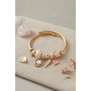 Kadın Bileklik Ay Yıldız ve Kalp Model Pembe Charmlı