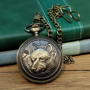 4.5 Cm Metal BozKurt Motifli Antika Köstekli Saat
