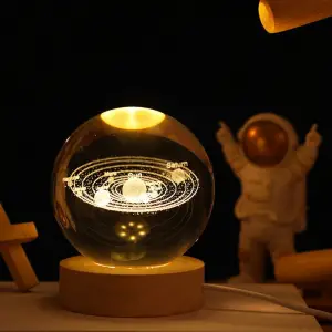 Cam Küre Gezegenler Temalı Ahşap Altlıklı Işıklı