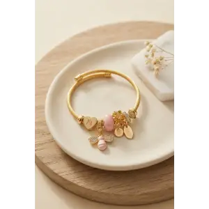 Bileklik Kalp ve Arı Model Pembe Charmlı