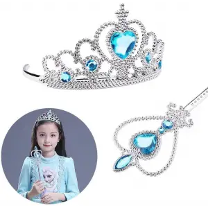 Plastik Karlar Ülkesi Elsa Mavi Kalpli Taç ve Mavi Asa Seti Çocuk Boy