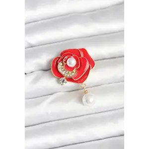 Pirinç Kırmızı Gül İncili tasarım Broş