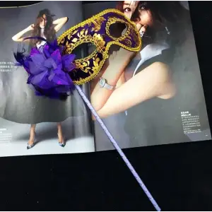 Maske Lüks Taşlı Saplı Maskeli Balo si Mor Renk 35 cm