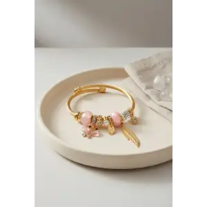 Bileklik Model Gold Renk Pembe Charmlı