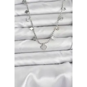 Kadın Kolye Pirinç Gümüş Renk Yonca Model