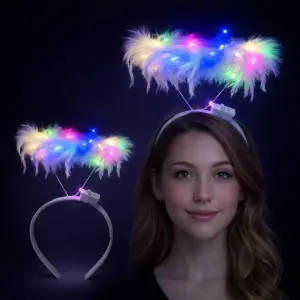 Renkli LED Işıklı Beyaz Tüylü Püsküllü Parti Tacı Çeşidi