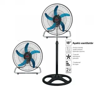 46 cm Ölçülü Sanayi Tipi Ayaklı Vantilatör 5 Metal Kanatlı 18 İnç