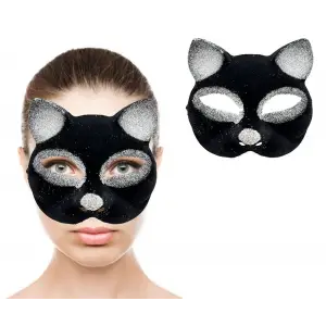 Maske Siyah Renk Gümüş Simli Süet Kaplama Kedi si 18x14 cm