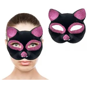 Maske Siyah Renk Pembe Simli Süet Kedi si 18x14 cm