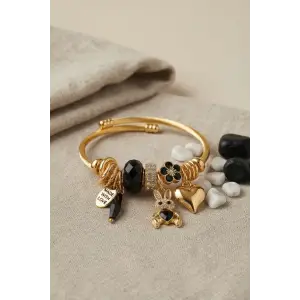 Bileklik Tavşan Model Gold Renk Siyah Charmlı