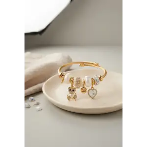 Bileklik Tedy Bear Model Gold Renk Beyaz Charmlı