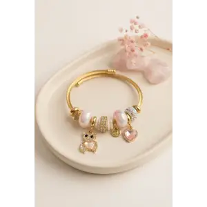 Bileklik Tedy Bear Model Gold Renk Pembe Charmlı