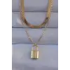 Kolye Çelik Gold Renk Çift Zincir Kilit Model