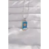 Kolye Çelik Gümüş Renk Mavi Mineli Güneş Model Tarot