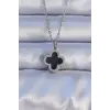 Kolye Çelik Gümüş Renk Siyah Mineli Zirkon Taşlı Yonca Figürlü