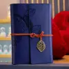 18.5 Cm Eskitme Görünümlü Defter Lacivert Deri Yaprak Desenli