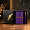 Defter Mor Yaprak Desenli Deri Roller Metal Kalem Özel Hediye Seti