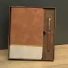 Defter Taba Rengi Gold Detaylı Termo Deri Ve Metal Roller Kalem Hediye Seti