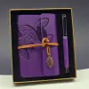 Kalem Seti Yaprak Desenli Mor Deri Defter Ve Metal Roller