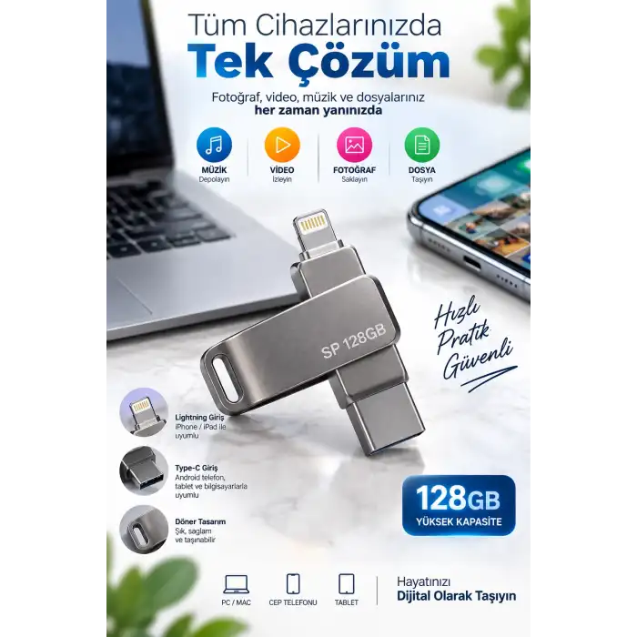 Pratik Çoklu Girişli 128GB USB Flash Bellek