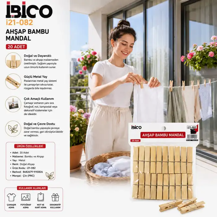 Pratik Ahşap Bambu Mandal 20 Adet Set