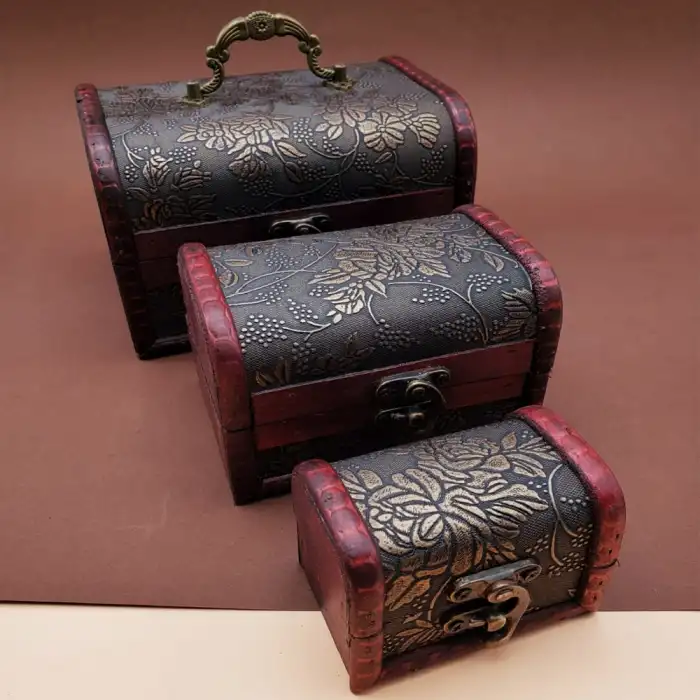 15.5 X 5.5 Cm 3 Adet 3lü Ahşap Deri Sandık Kutusu