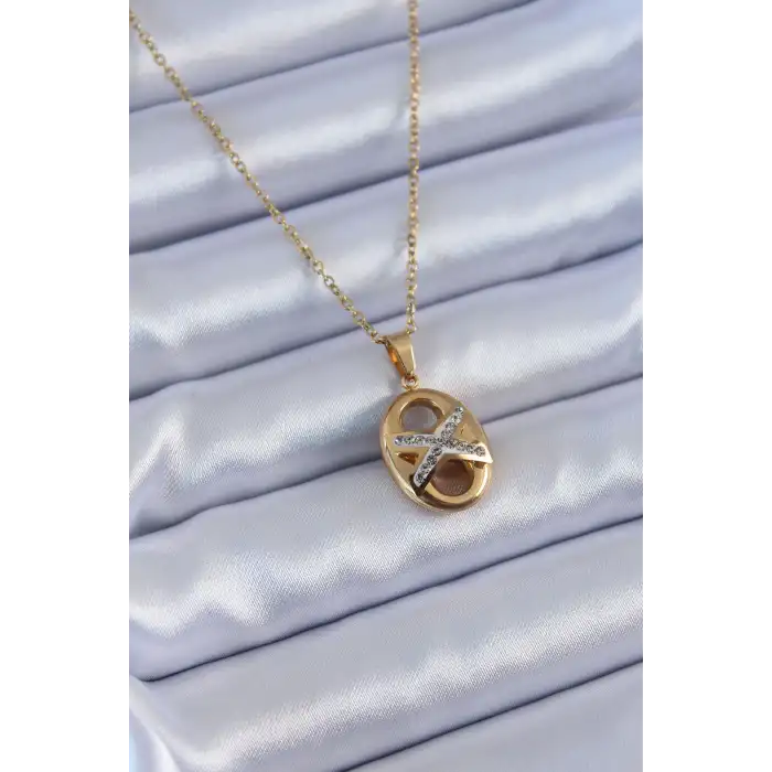 Kadın Kolye Çelik Gold Renk Zirkon Taşlı