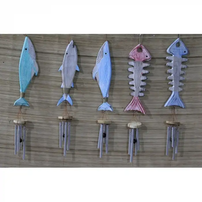 Doğal Ahşap Balıklı Metal Çan 70 cm Dekorasyon