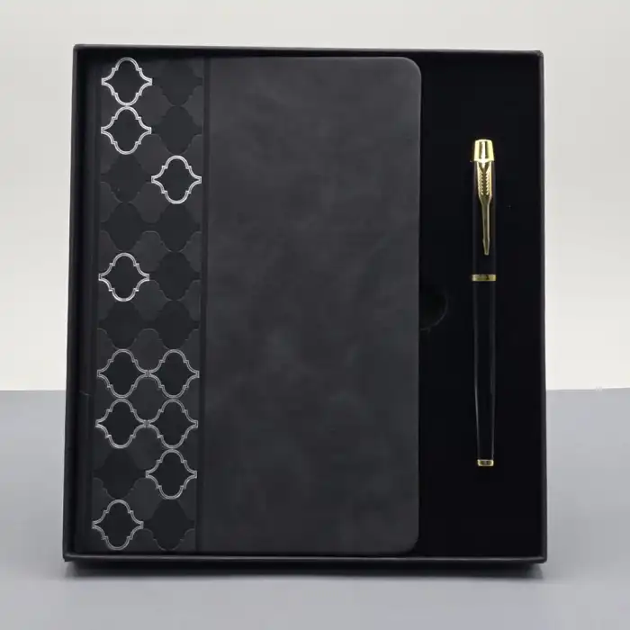 Defter Desenli Siyah Deri Kalem Set