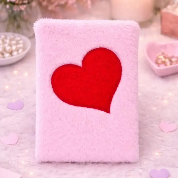 Şık Kalpli Pembe Peluş Defter 21x15 cm 75 Sayfa