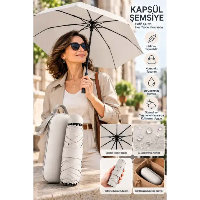 Şık Kapsül Şemsiye Açık Gri 1 Adet Taşınabilir