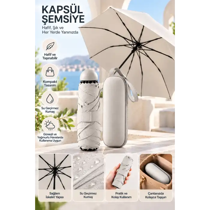 Şık Kapsül Şemsiye Açık Gri 1 Adet Taşınabilir