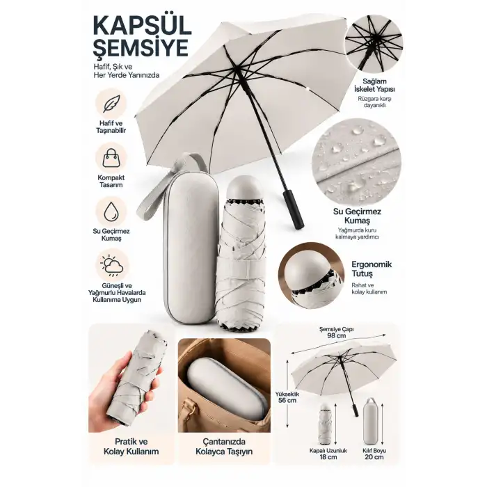 Şık Kapsül Şemsiye Açık Gri 1 Adet Taşınabilir