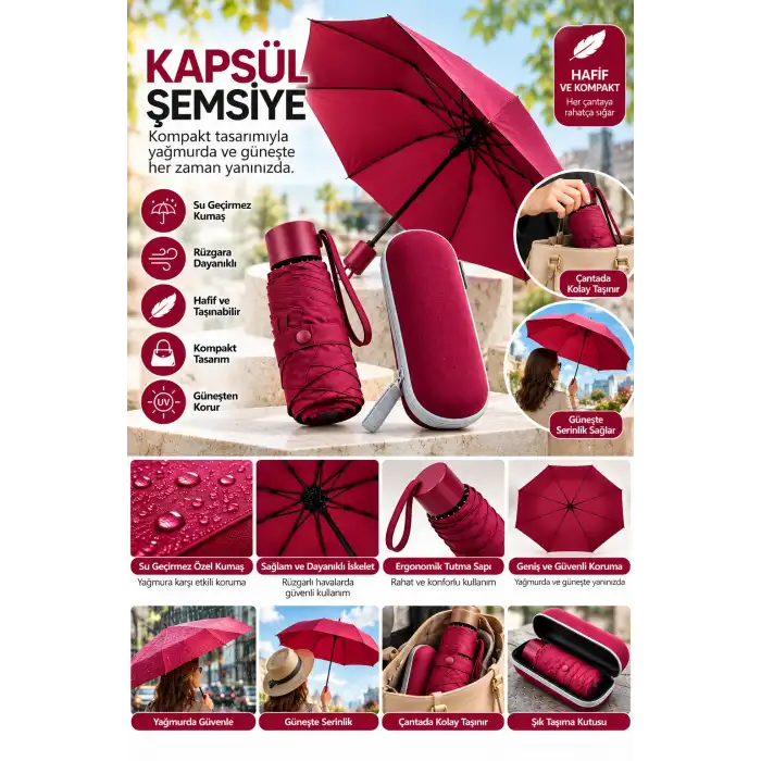 Kompakt Bordo Kapsül Şemsiye - Günlük Kullanım için Pratik