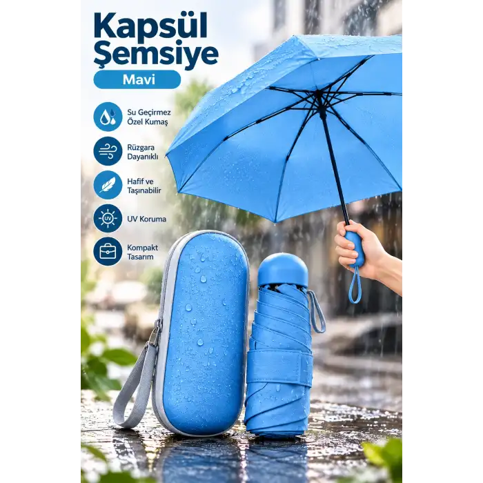Pratik Mavi Kapsül Şemsiye Kompakt Taşıma Kutusu