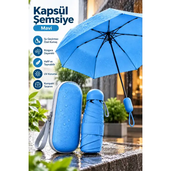 Pratik Mavi Kapsül Şemsiye Kompakt Taşıma Kutusu