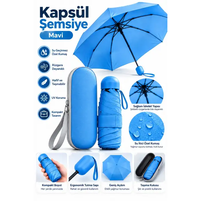 Pratik Mavi Kapsül Şemsiye Kompakt Taşıma Kutusu
