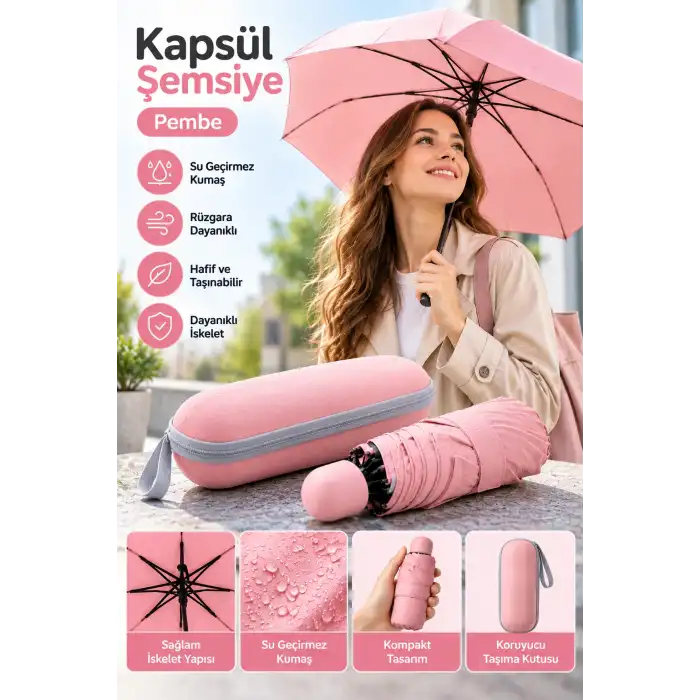 Şık Kapsül Şemsiye Pembe 1 Adet Günlük Kullanım
