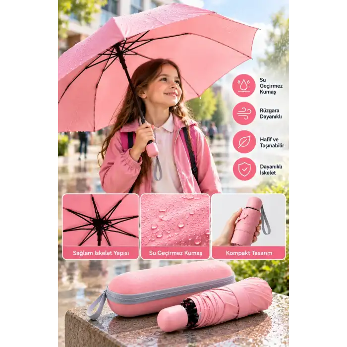 Şık Kapsül Şemsiye Pembe 1 Adet Günlük Kullanım