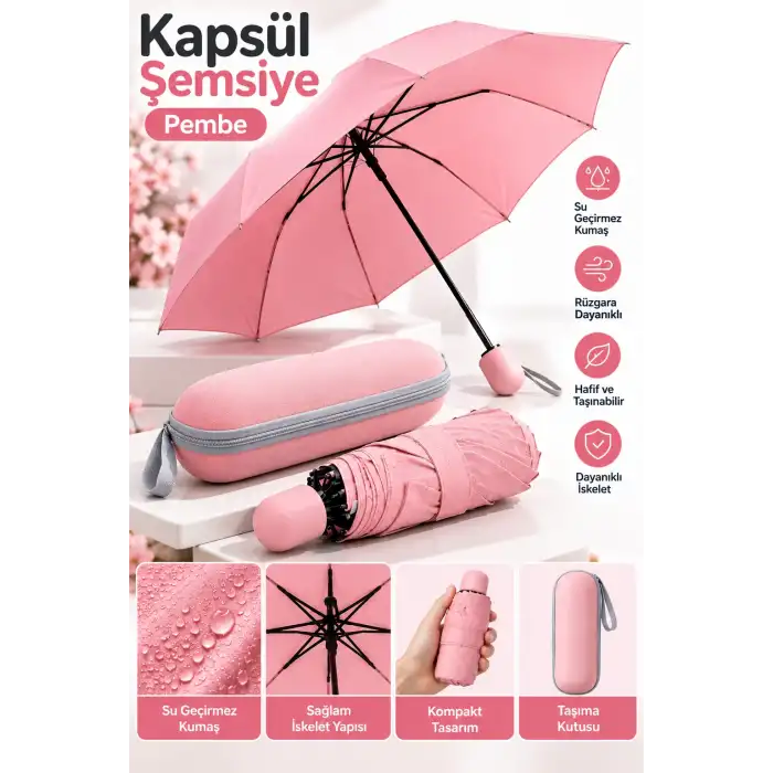 Şık Kapsül Şemsiye Pembe 1 Adet Günlük Kullanım