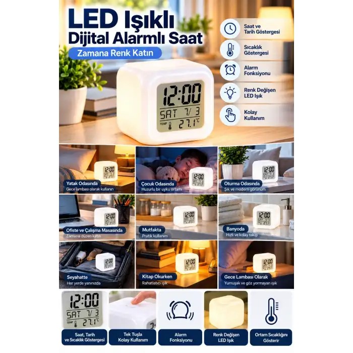Dekoratif Küp Saat ile LED ve Alarm Fonksiyonu