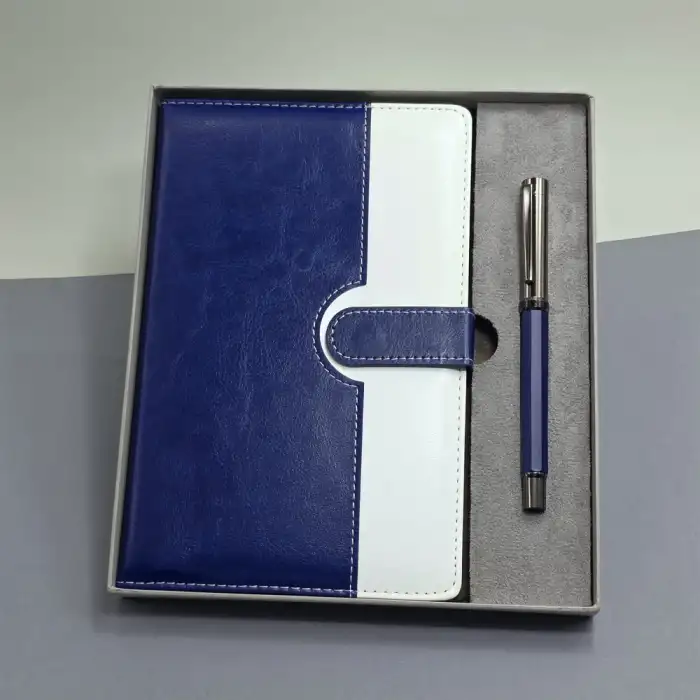 Defter Mavi Beyaz Deri Kapaklı Ve Metal Kalem Set