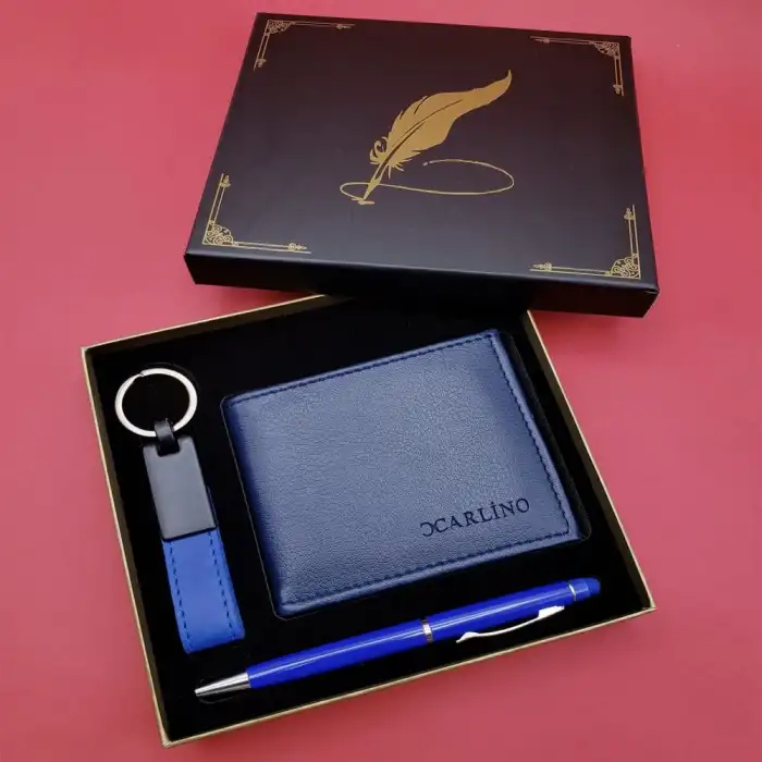 16 Cm Metal Cüzdan Mavi Anahtarlık Ve Kalem