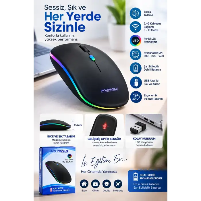 Ergonomik Kablosuz Mouse 1600 DPI USB Alıcı ile