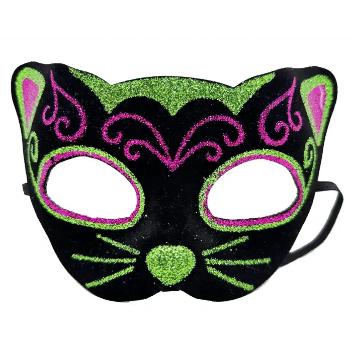 Maske Siyah Kadife Kaplama Üzeri Pembe Yeşil Sim İşlemeli Kedi si 20x13 cm