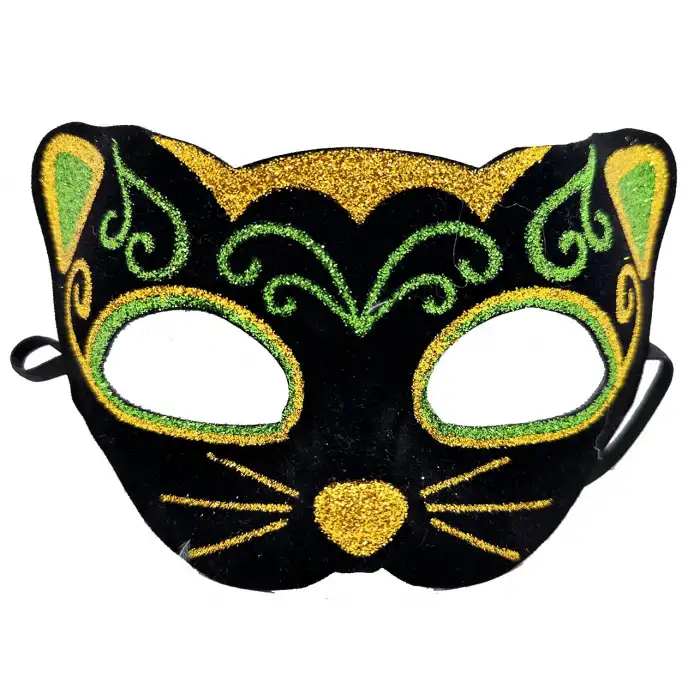 Maske Siyah Kadife Kaplama Üzeri Sarı Yeşil Sim İşlemeli Kedi si 20x13 cm