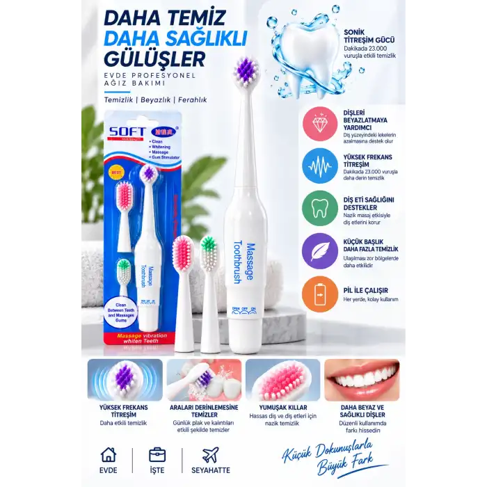 Ergonomik Masajlı Diş Fırçası Pil İle Çalışan