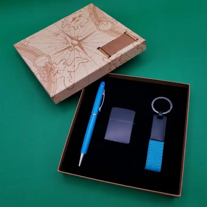 16 Cm Metal Siyah Çakmak Turkuaz Kalem Ve Anahtarlık