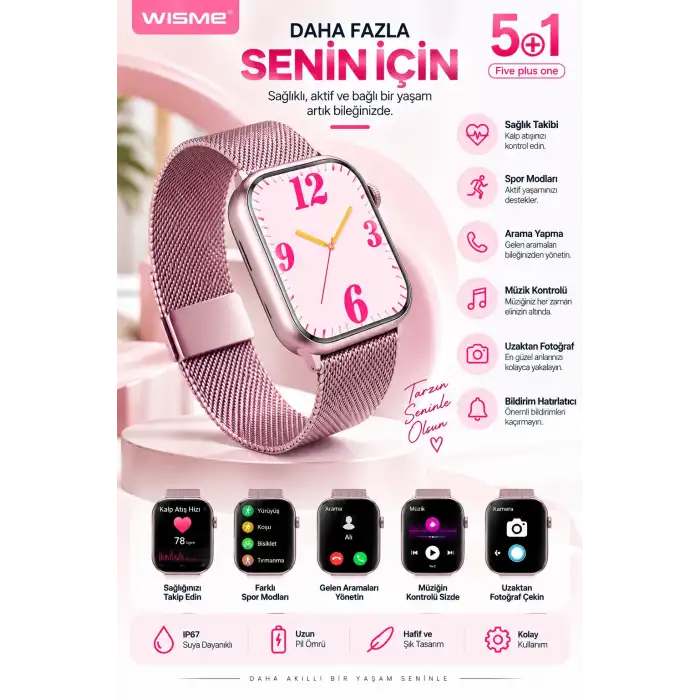 Akıllı Spor Saati Pembe Metalik Kordon 1 Adet