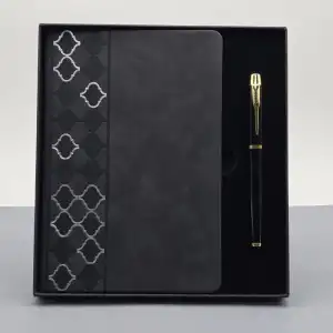 Defter Desenli Siyah Deri Kalem Set